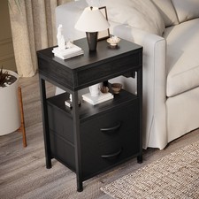 Side End Table Modern Nightstand with Charging Station  Storage Drawer Black