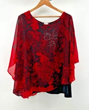 Avenue Poncho Blouse Womens Plus 30/32 Double Layer Red Black Floral Sheer Flowy