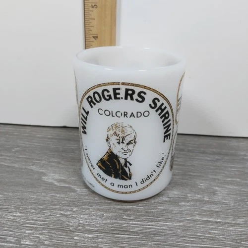Vintage Federal Milk Glass Mug Will Rogers Shrine Colorado Cowboy Roping Champ
