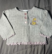 Disney Baby Winnie the Pooh Shirt 6 9M Gray Pink Ruffle Henley 2000s Embroidered
