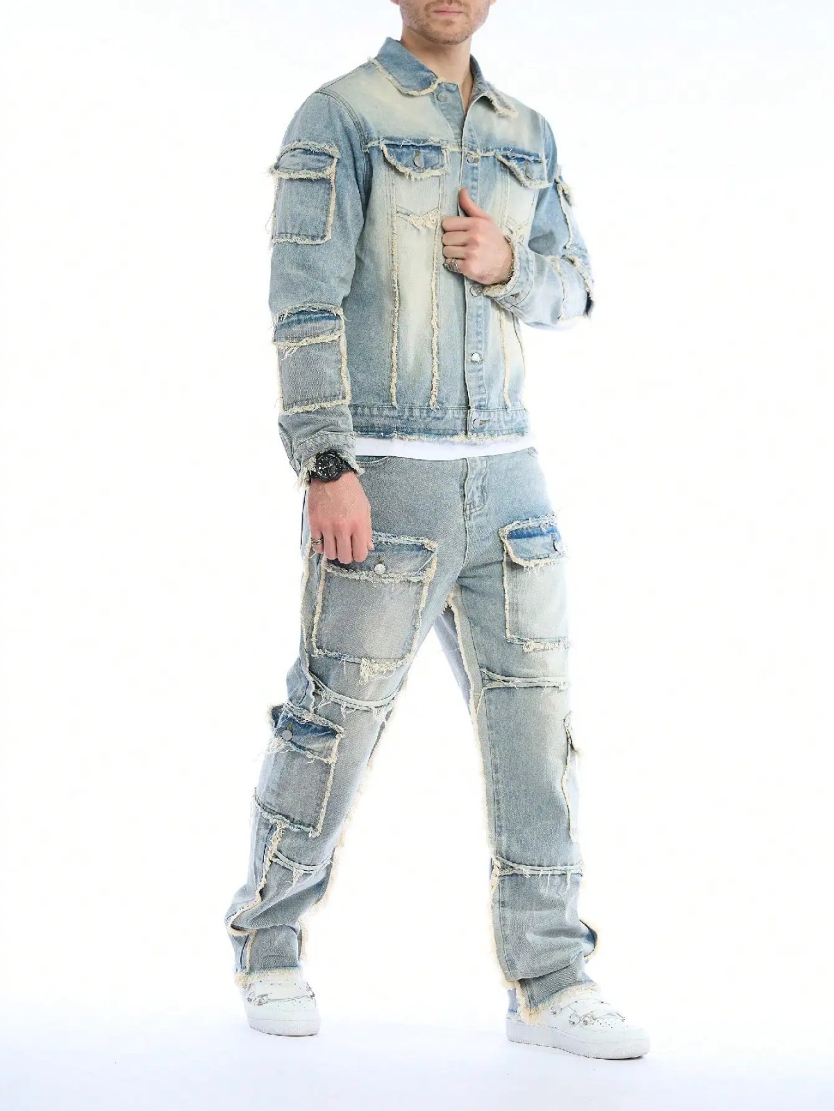 Men's Distressed Denim Cargo Set Retro Frayed Patchwork Jacket & Jeans Outfit