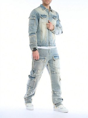 Men's Distressed Denim Cargo Set Retro Frayed Patchwork Jacket & Jeans Outfit