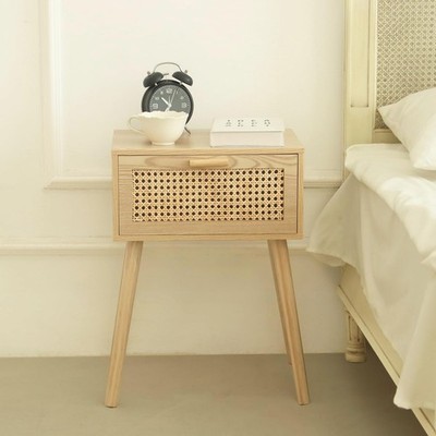 Rattan Nightstand with Drawer, Wood Bedside Table for Small Spaces Walnut