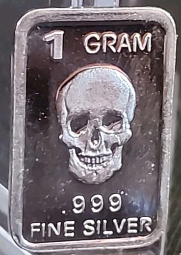 1 Gram .999 Fine Silver Art Bar Ingot. Skull. Fun Way Dip In To Investing