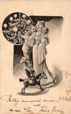 Christmas, Boy Soldier on a Present Rocking Horse, Family Idyll, Vintage Postard