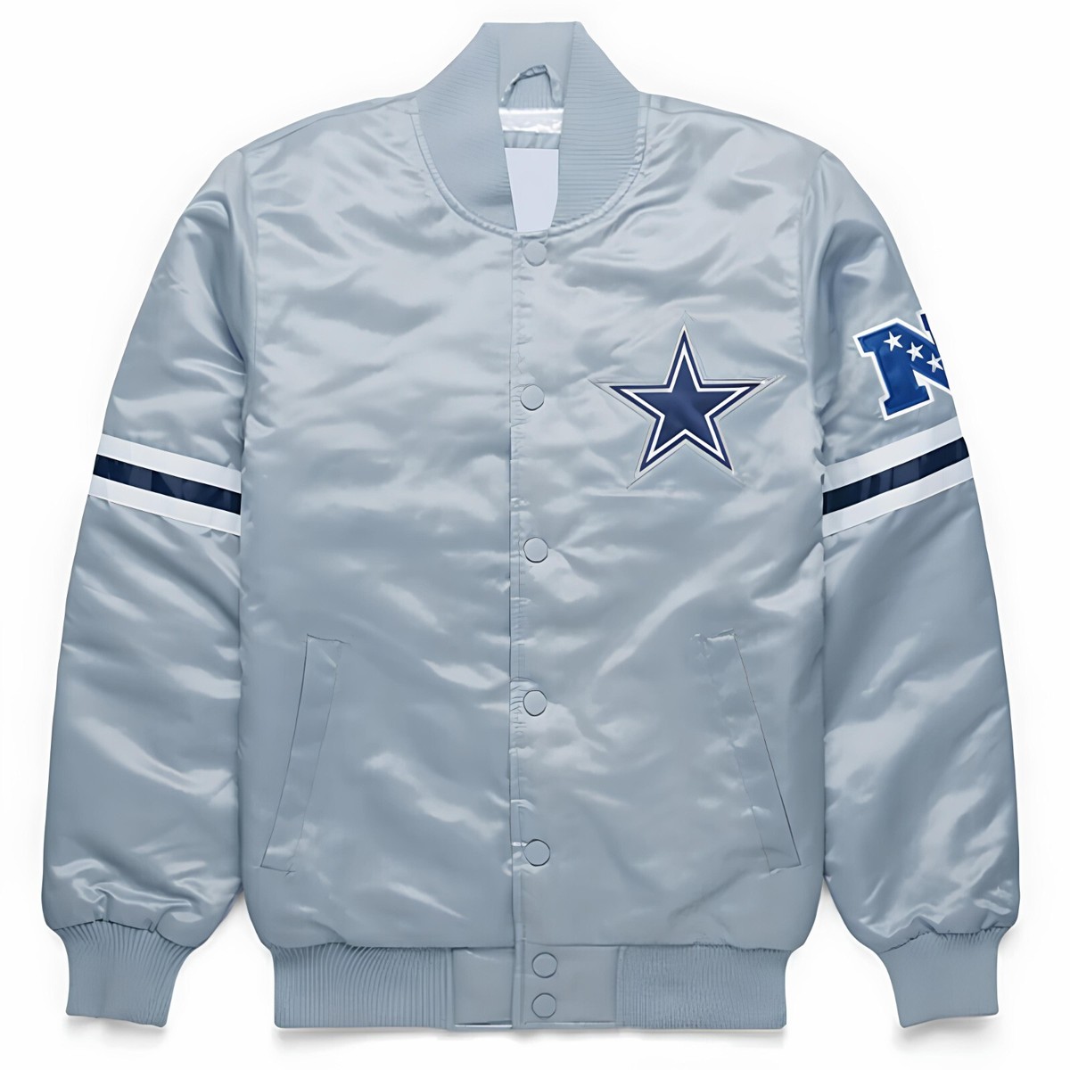 NFL Dallas Cowboys Silver Satin Jacket Mens Varsity Jacket Size L