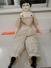 PORCELAIN DOLL HEAD HANDS FEET cloth body unmarked blue eyes dark hair knickers