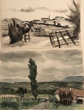 FRACHON PAYSAGE ENTRE SARE ET AHETZE  ENCRE ET  LAVIS ET AQUARELLE LOT 2 1950