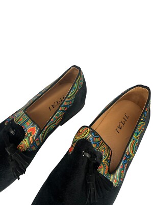 Jitai Mens Black Velvet Slip On Faux Leather Paisley Loafers  display picture 1