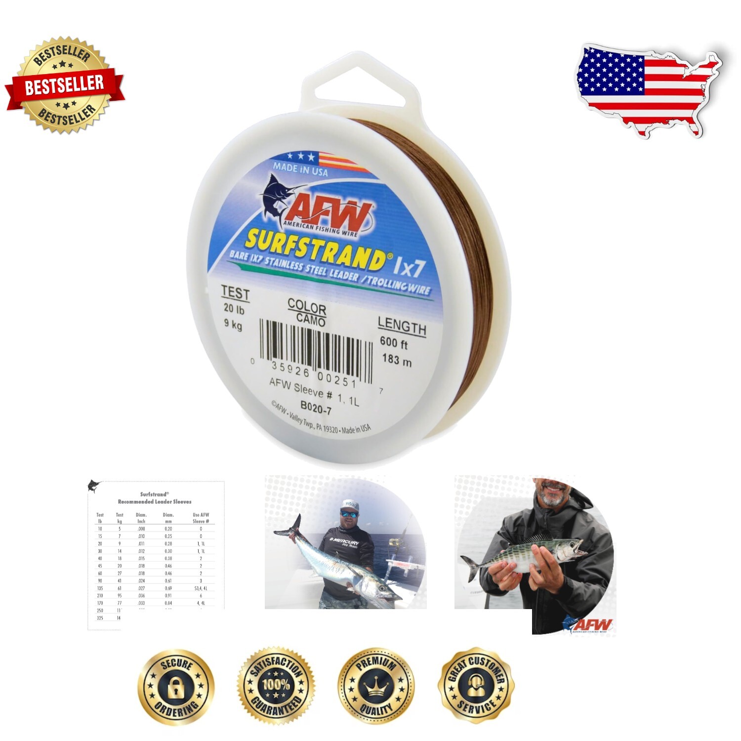 Camouflaged 1x7 Fishing Leader Wire - 20lb Test, 600ft, Ideal for Saltwater Use