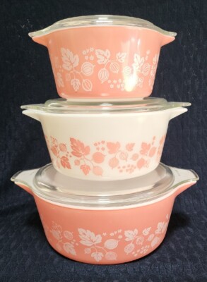 3 Vtg Pyrex Pink White Gooseberry Cinderella Bowls With Lids #473
