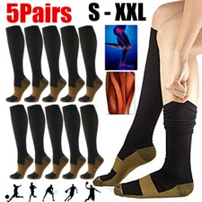 5 Pairs Copper Compression Socks 20-30mmHg Graduated Support Mens Womens S-XXL