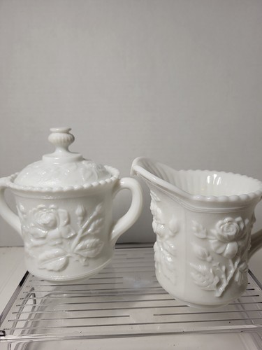 Imperial Milk Glass Embossed Roses Large Sugar Handles & Creamer EUC - Picture 7 of 12