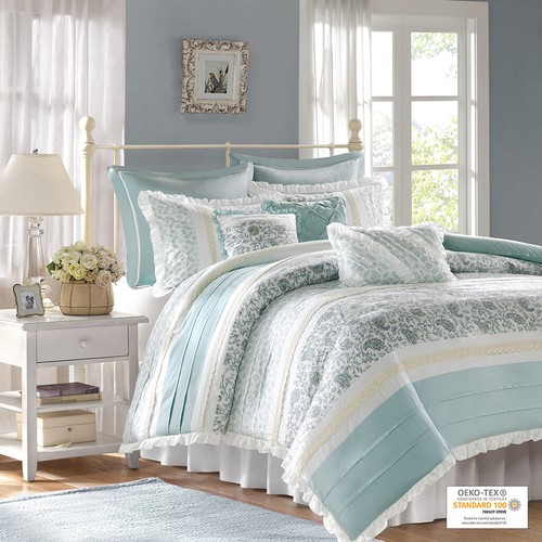 Madison Park Dawn Blue Cal King 9 Piece Cotton Percale Duvet Cover Set