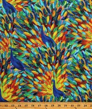 Cotton Peacocks Feathers Painted Plumes Plumage Fabric Print by the Yard D579.78