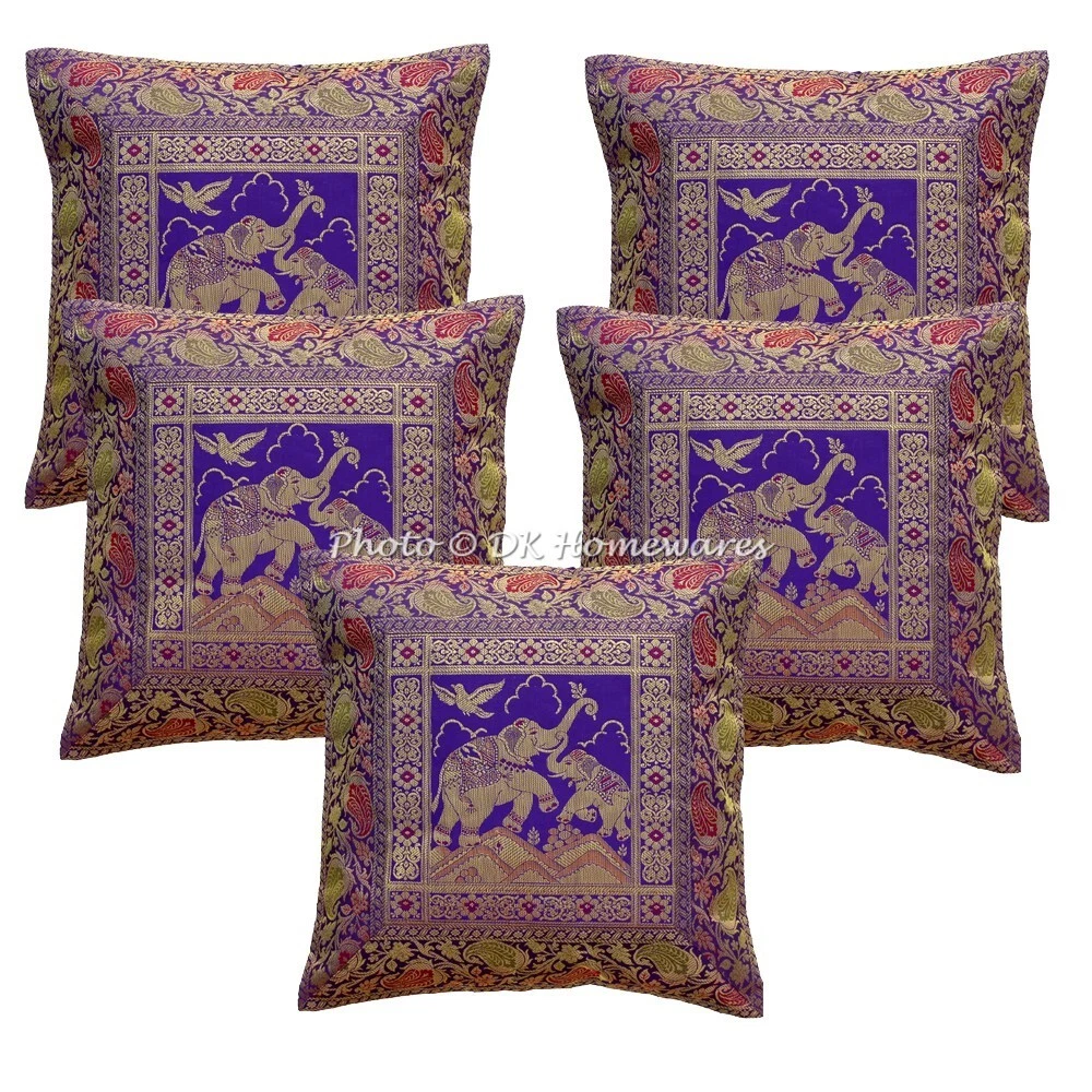 Fundas De Almohada Jacquard Brocado Indian - 40x40 Cm, Color Oxido, Pack De 5 Piezas, Diseño Étnico Pavo Real Y Elefante