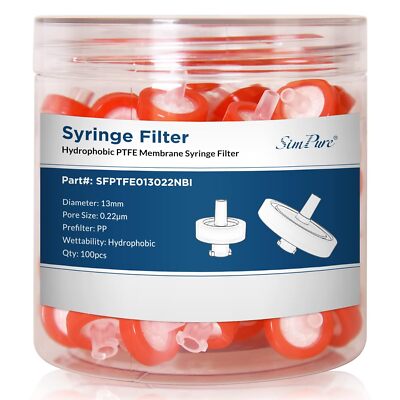 100Pcs PTFE Membrane Syringe Filters 0.22μm 13mm Hydrophobic Luer Lock Red Disc