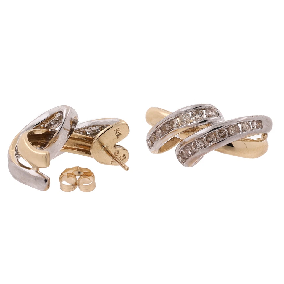 Crossover Diamond J Hoop Earrings 14K Gold 0.80 CTW Channel Set 0.60" - Image 2 of 4