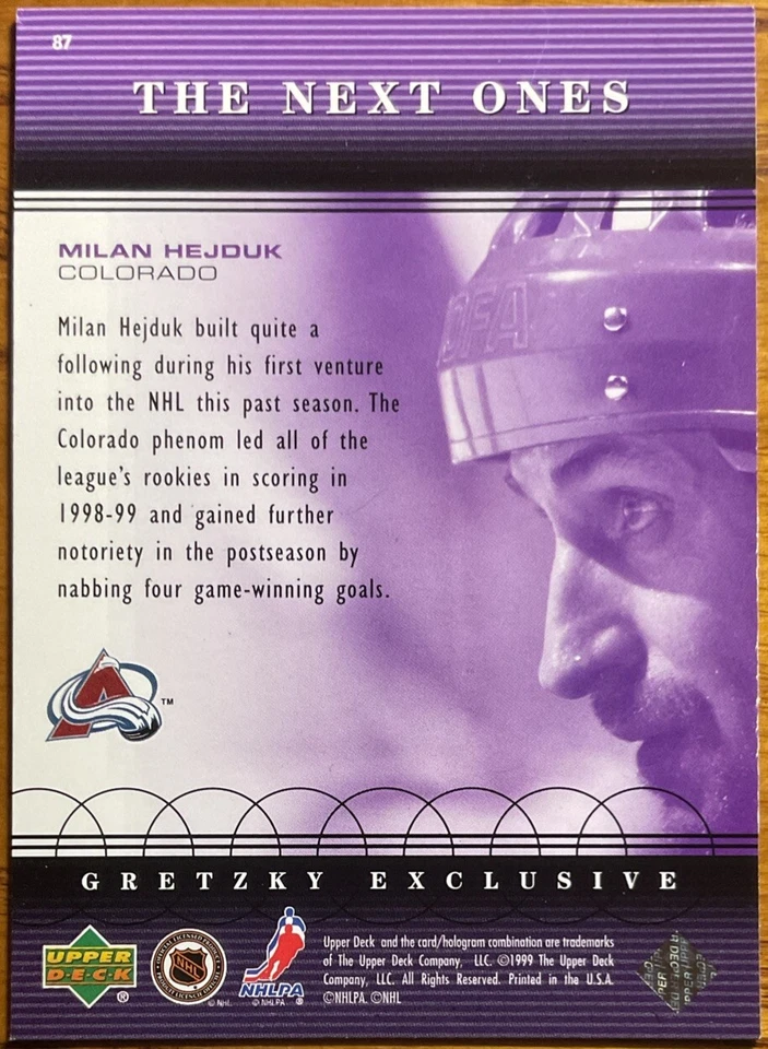 1999-00 Upper Deck Gretzky Exclusives The Next Ones Milan Hejduk #87 - Image 2 of 2
