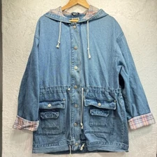 Vintage 1980s Denim Hooded Snap Front Jacket Stefano International Retro Large