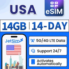 USA eSIM - 14GB High-Speed, 14 Day T-Mobile and Verizon JetSim/Travel SIM