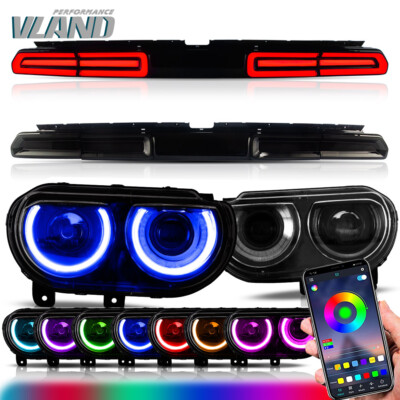 RGB Headlights+ Smoked LED Tail Lights For Dodge Challenger 2008-14 w/Sequential