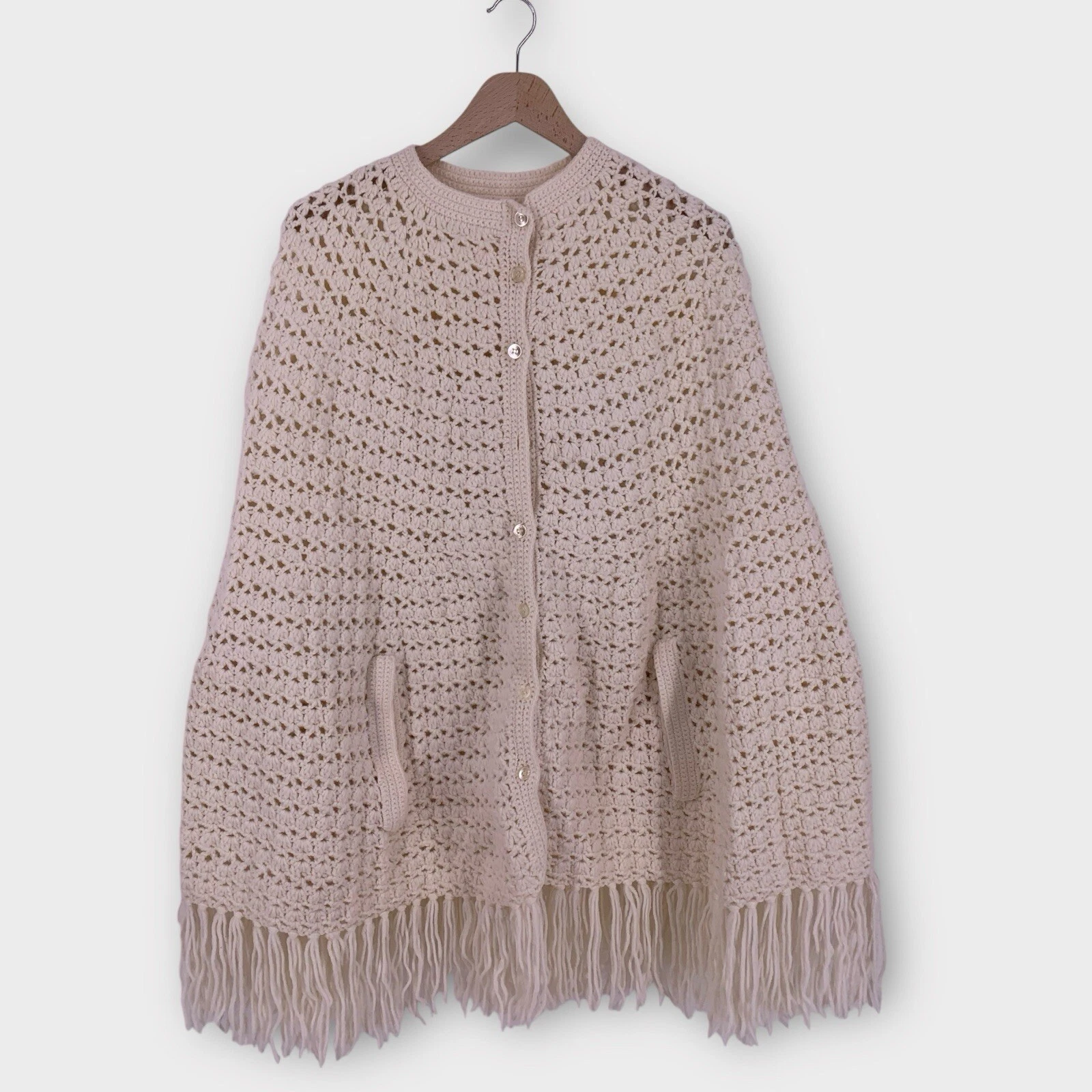 Hand Knit Sweater Poncho Womens OS Boho Crochet Festival Granny Fringed Ivory
