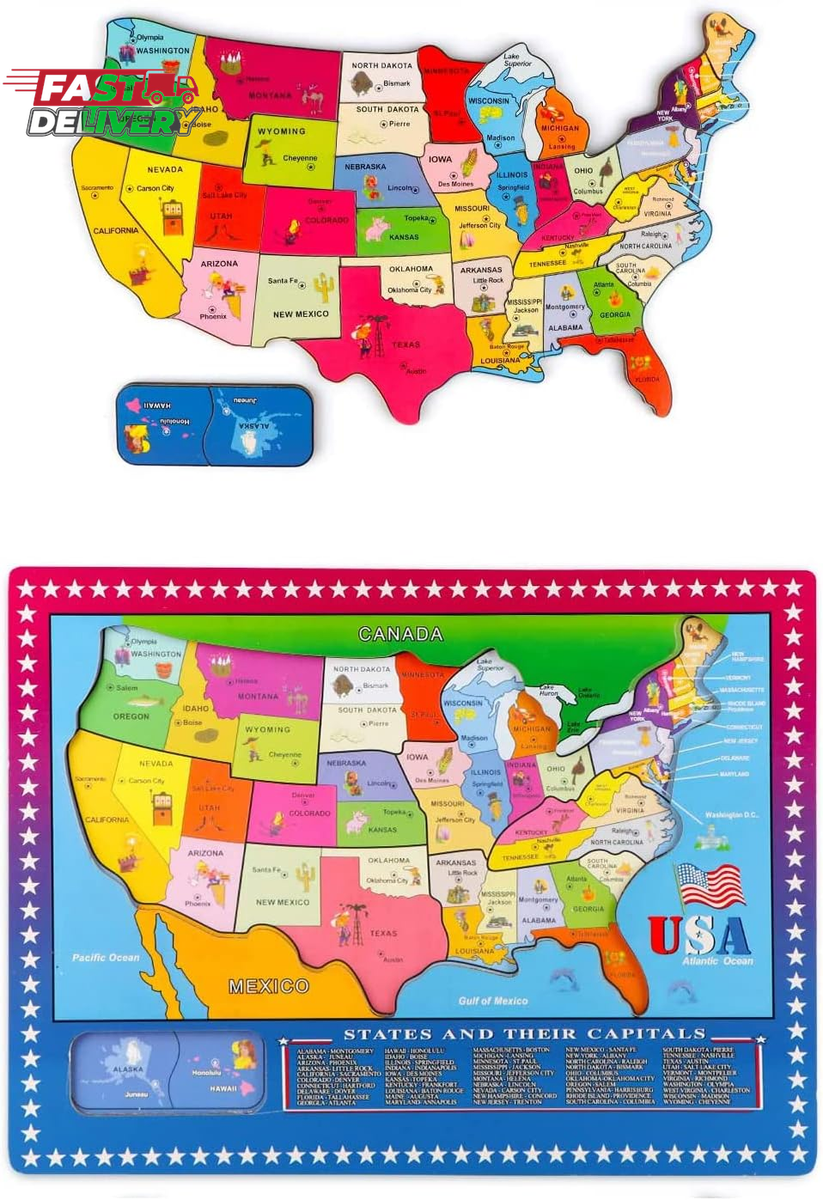 Joqutoys Wooden USA Map Puzzle, 46 Pieces US Map Puzzle for Kids