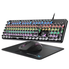 Typewriter Mechanical Gaming Keyboard and Mouse, 104-Key Full Size Retro Keyb...