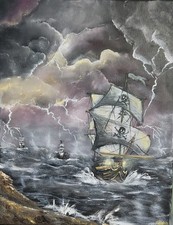 STORMY SEASCAPE ORIGINAL SIGNED OIL PAINTING 16X20 INCH CANVAS PIRATE SHIPS