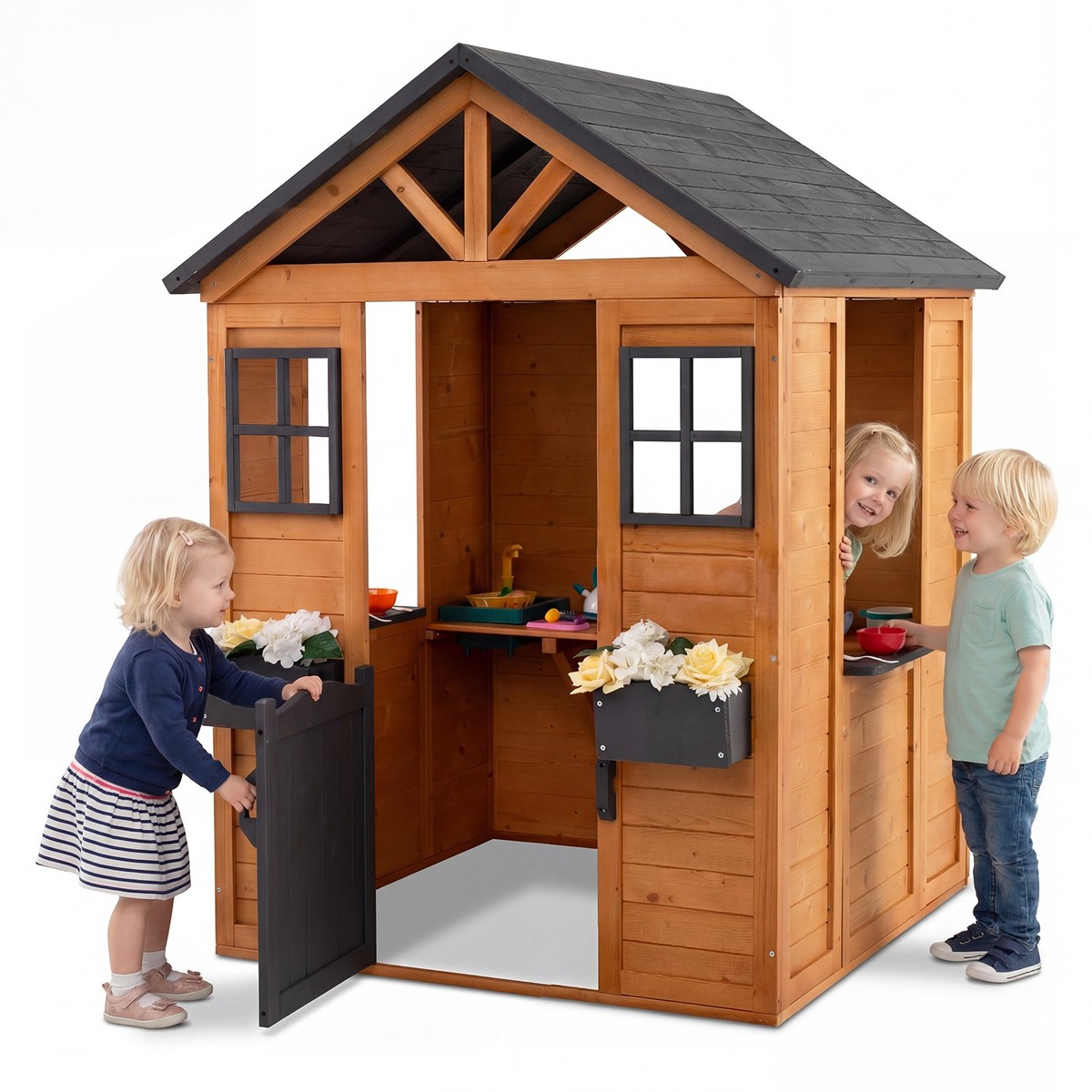 Kids Outdoor Playhouse with Sink, Spruce Wooden Cottage w/Half