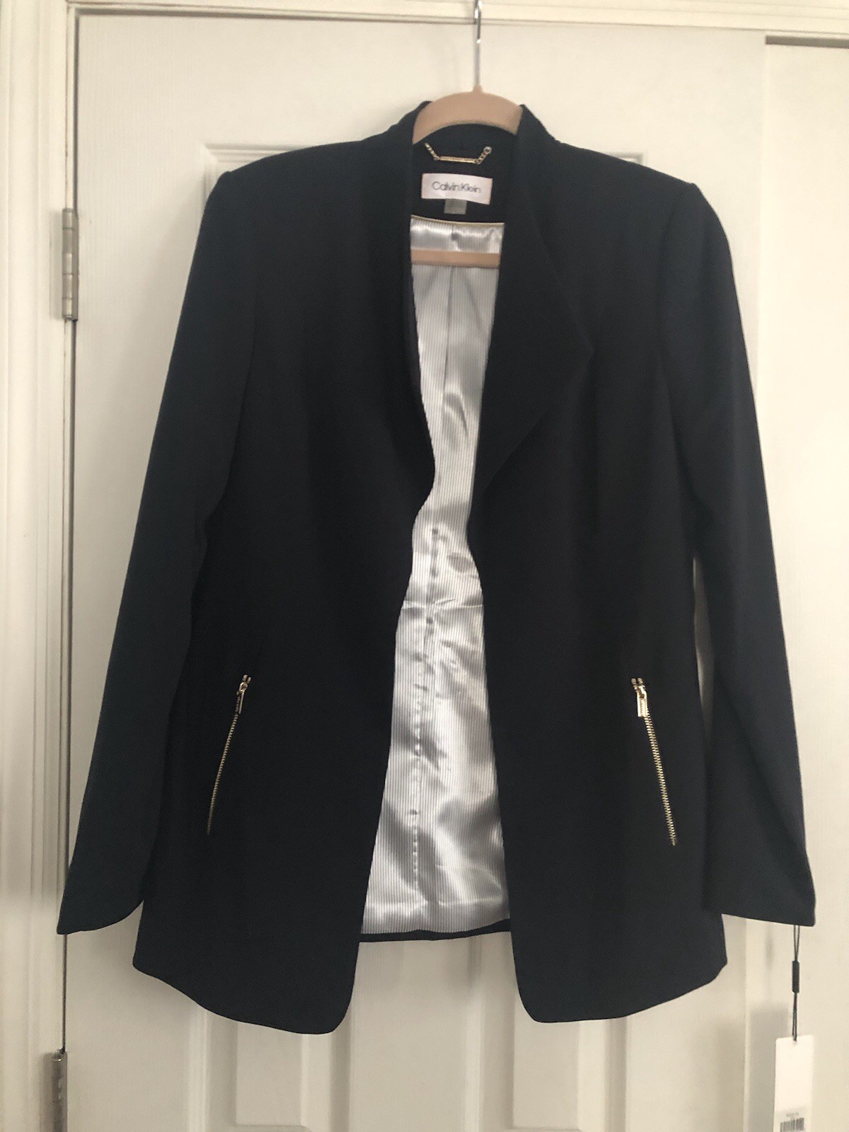 Calvin Klein Navy Blue Open Suit Jacket New Gold Zipper Pockets Size 6 Business thumbnail 7