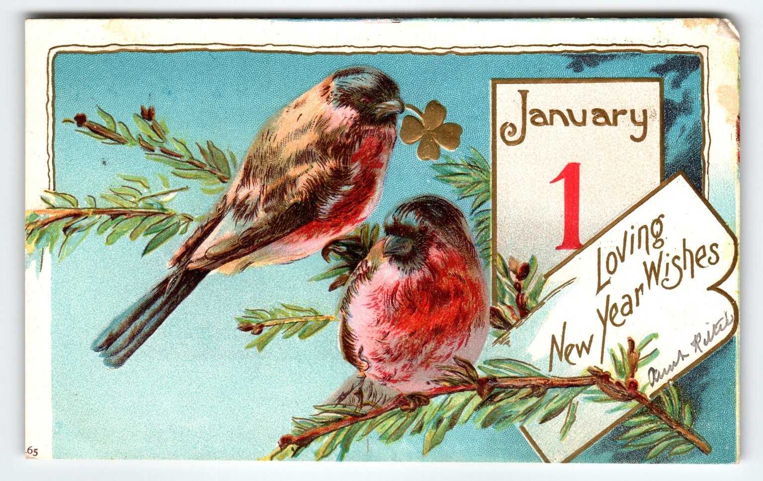 Vintage 1906 New Year Postcard Birds on Branch January 1 Greeting