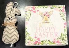 Farmhouse Easter Decor Happy Easter Bunny Floral Wood Block Sign/Chevron Bunny
