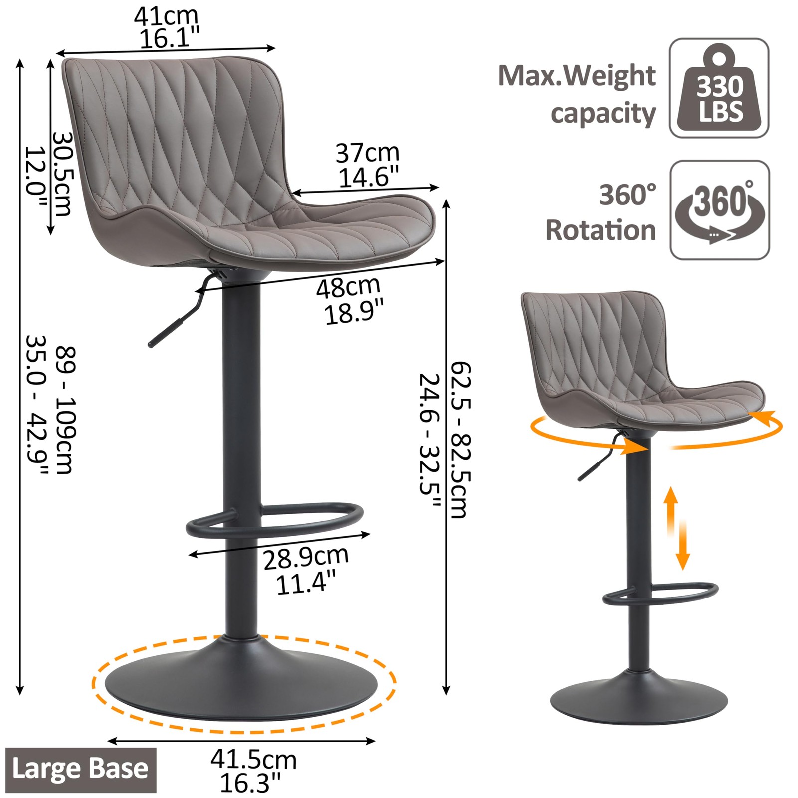 Bar Stools Set of 2, Modern 360° Swivel Faux Leather Bar Stools, 24"-32.5" Se...