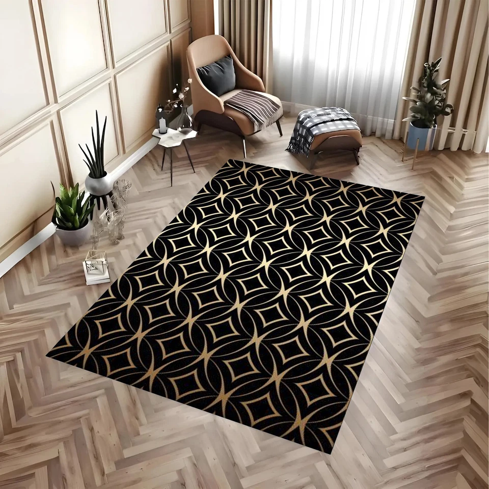 Modern Art Deco Circles Pattern Area Rug | Black & Gold Decor - Image 3 of 4