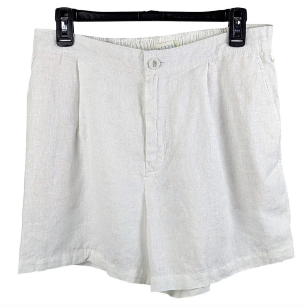 Calypso St. Barth 100% Linen Shorts Embroidered Palm Leaves White Medium