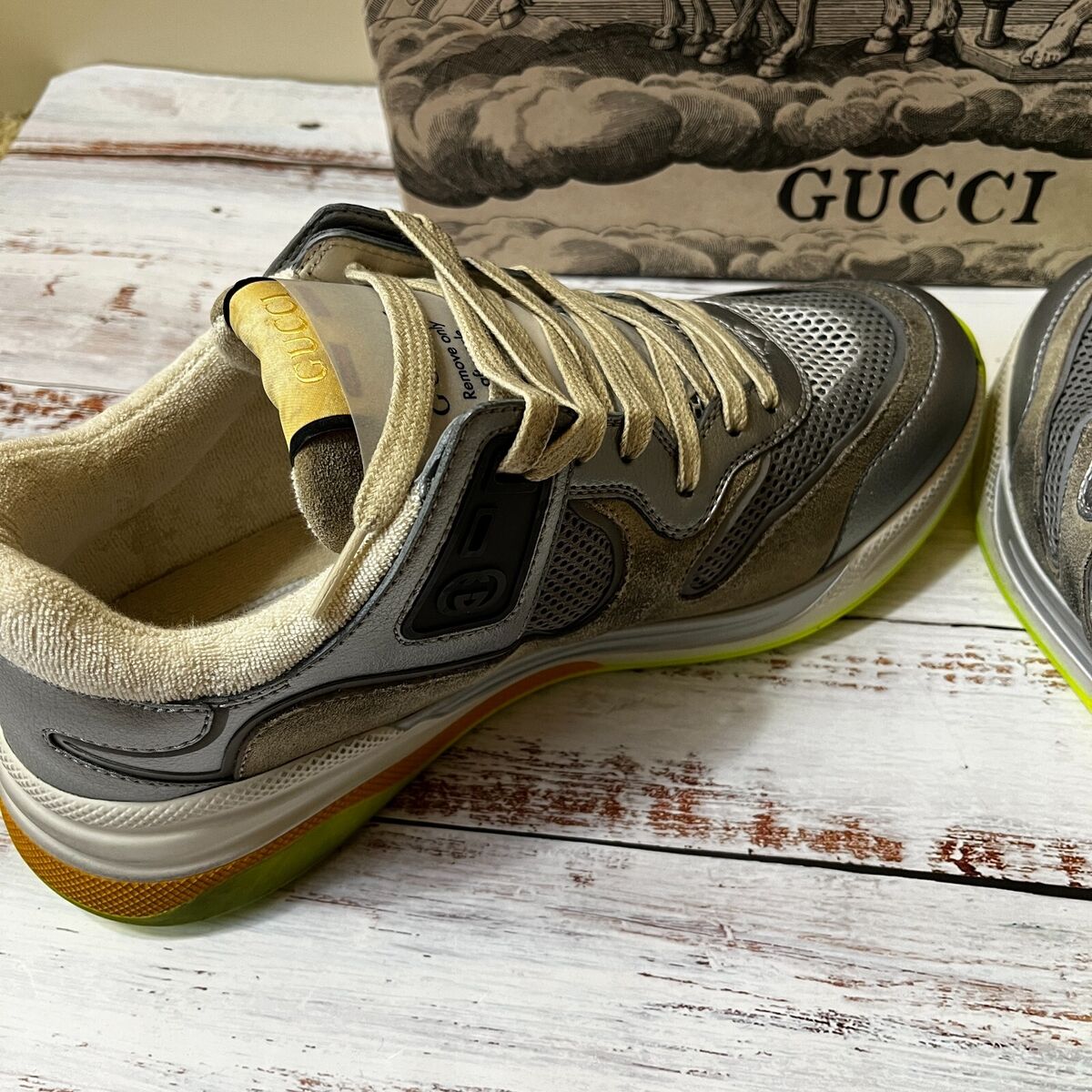 Gucci Ultrapace Sneakers Men's Gray Silver Leather Shoes UK8 Gucci Ultrapace Sneakers Men's Gray Silver Leather Shoes UK8