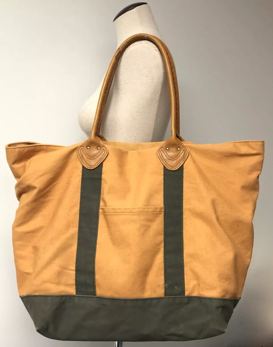 LL BEAN VNTG BOAT & TOTE BAG KAHAKI & OLIVE GREEN W LEATHER HANDLES 15