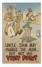 Military Men Looking at Woman Off Color Risque Comic Art Humor Postcard