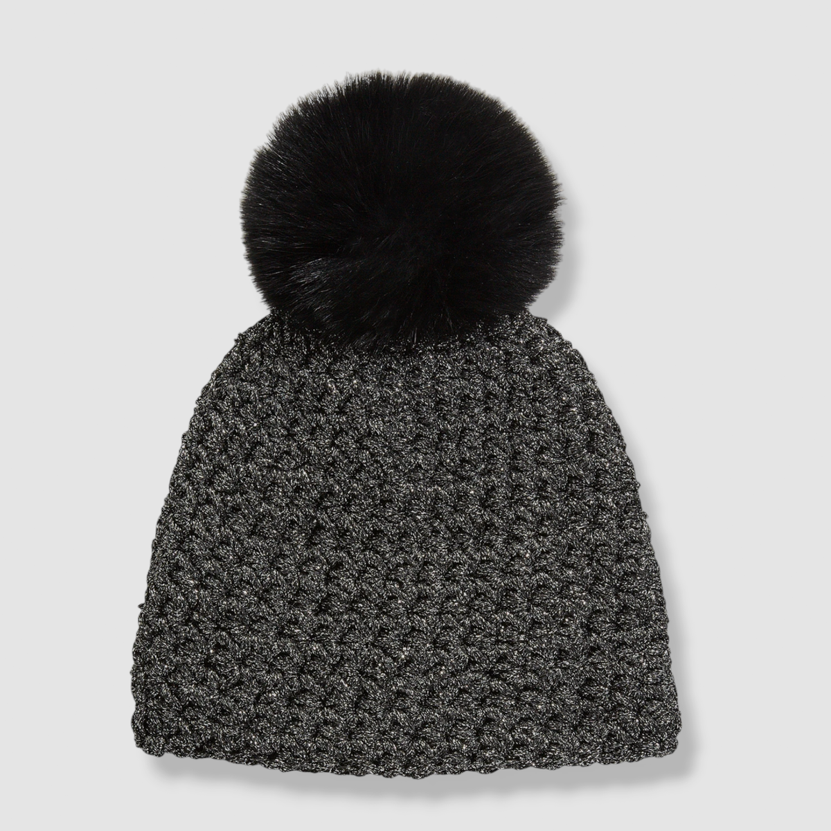 $90 Surell Womens Black Crochet Fox Fur Pompom Beanie Hat 
