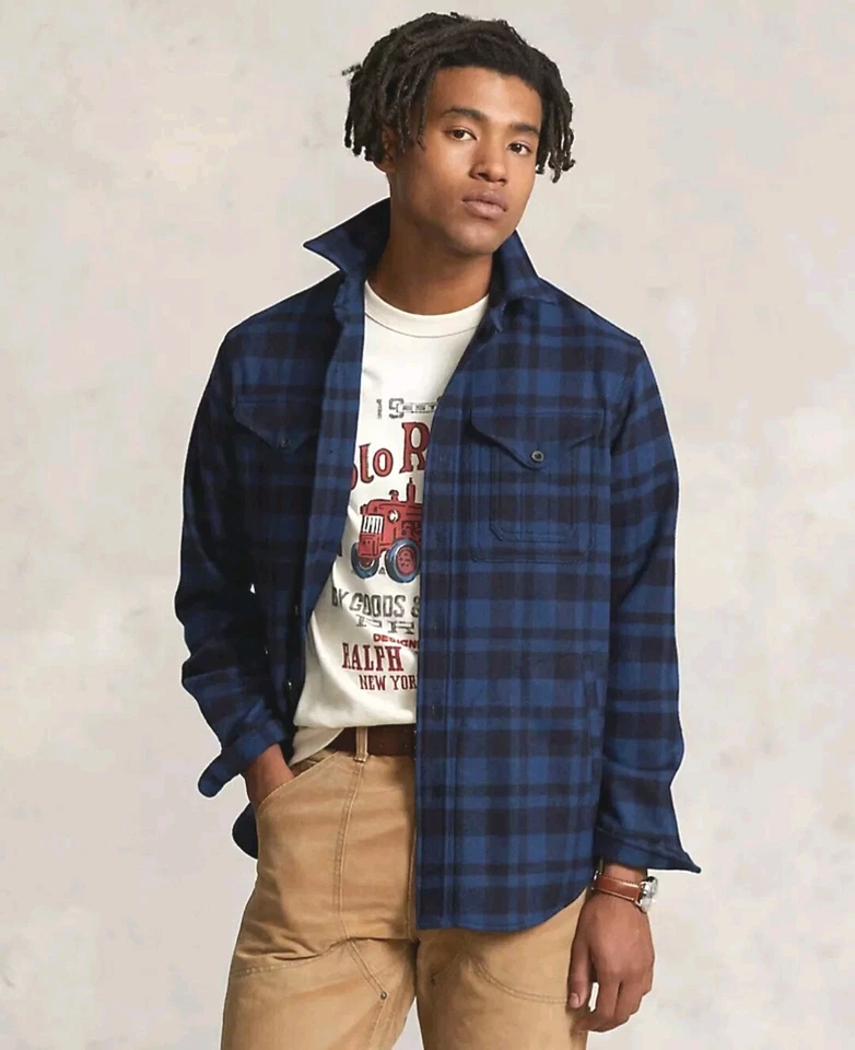 HOMBRE Polo Mezcla Lana Cuadros Camisa TALLA L Azul Negro Cuadros Nuevo Con Etiquetas Foto 2 de 3