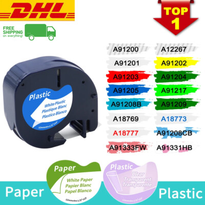 91221 Schriftband Kompatibel für Dymo Letra Tag Band LT-100T XM XR Weiß 12mm 1/2