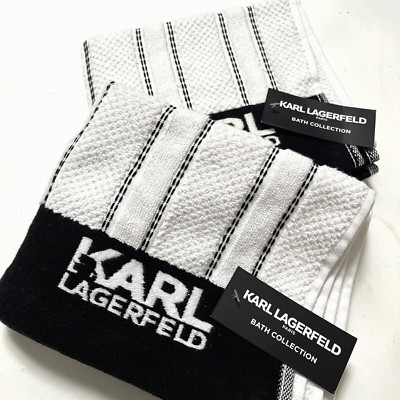 NWT 2pc KARL LAGERFELD Hand Towel Towels Cotton Striped Dashed White Black