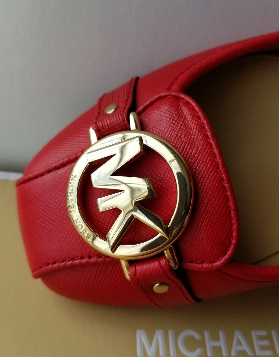 Michael KORS FULTON MOC RED SAFFIANO GOLD Logo Moccasins Flats I