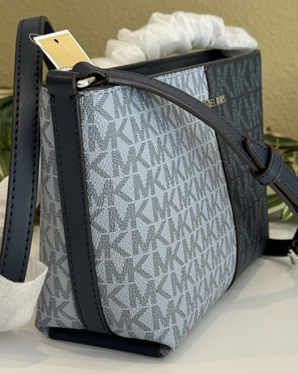 MICHAEL KORS JET SET SMALL TOP ZIP CROSSBODY BAG 2 TONE MK NAVY BLUE LOGO SILVER thumbnail 4