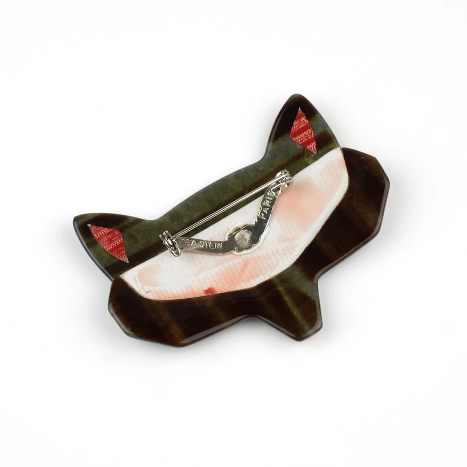 Broche LEA STEIN Cabeza de Lobo de Zorro en Acetato Verde Mármol y Rojo París Francia Foto 4 de 4