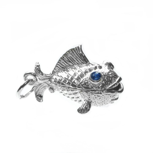 STERLING SILVER OPENING SAPPHIRE EYES MOVING FISH & WORM CHARM - Picture 3 of 8