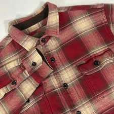 Orvis Bigbear Troutbum Men Large Red Beige Plaid Flannel Button Up Shacket Shirt