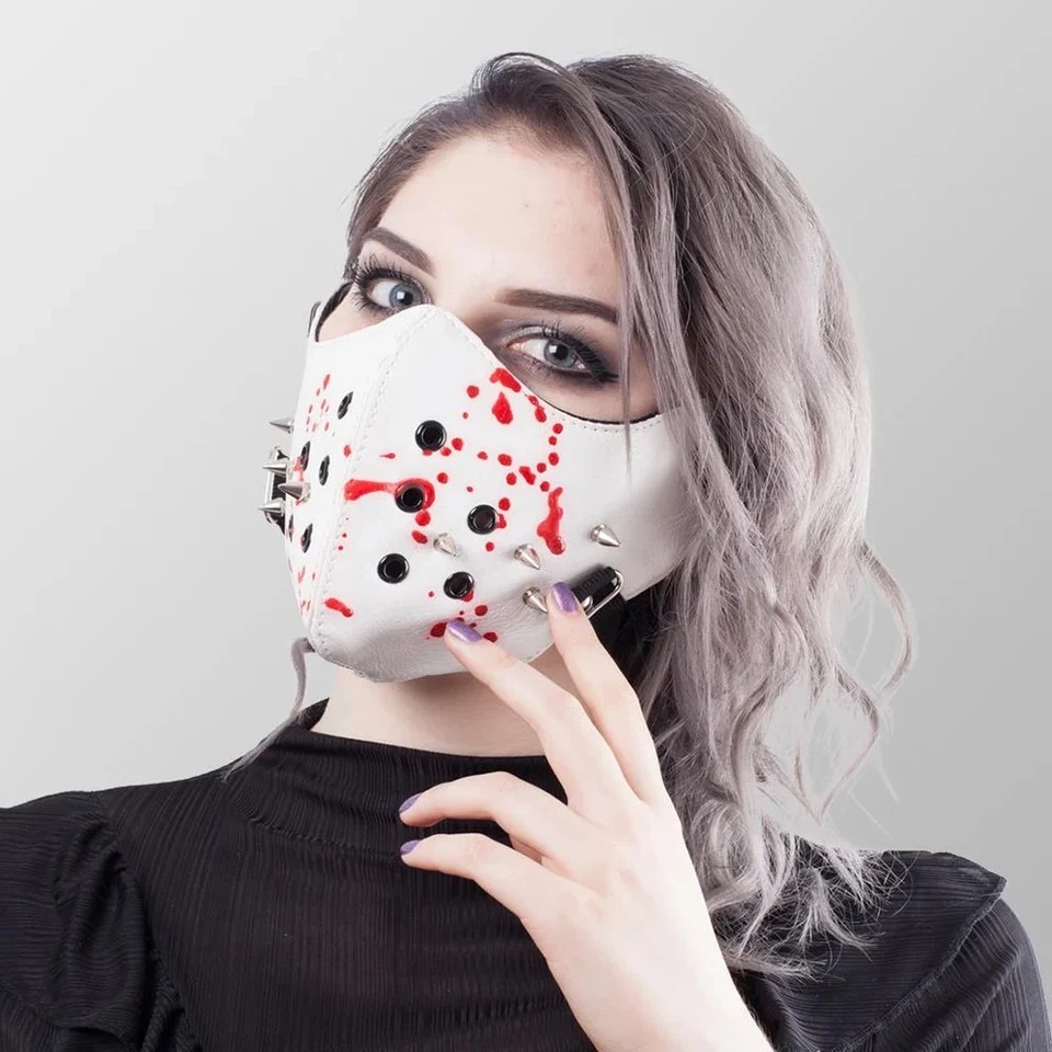 Maske Weiß Leder mit Spikes und Blutspritzern Halbmaske Gesichtsmaske Horror - Bild 4 von 4